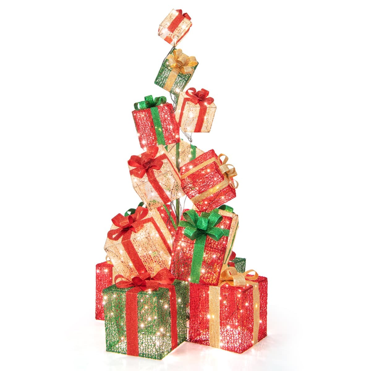 CostwayTour de Boîtes Cadeaux Éclairées 170 cm avec 15 Boîtes Pré-Éclairées Empilées 450 Lumières Base en Métal Rubans et Nœuds
