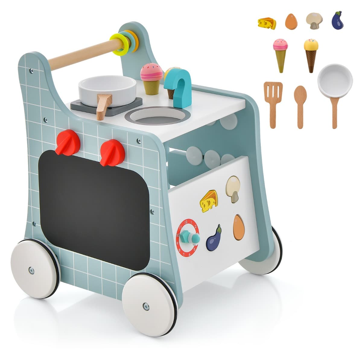 CostwayPoussette en Bois 6 en 1 pour Bébé Centre d'Activités d'Apprentissage Cuisine de Jeu Horloge Pédagogique Curseur Mobile et Assorti Bleu