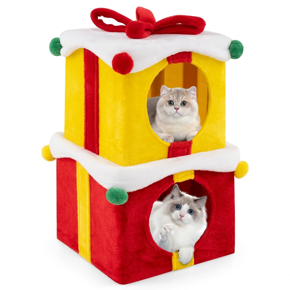 CostwayMaison de Noël pour Chat à 2 Etages 2 Condos Empilables en Forme de Paquets Cadeaux avec Nœud en Tissu Peluche et Bois d'Ingénierie