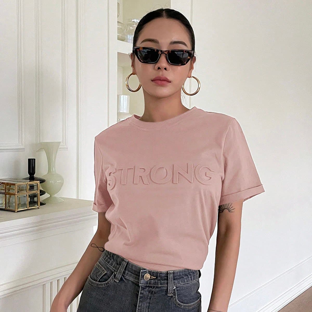 T-shirt En Relief De Lettre Col Rond