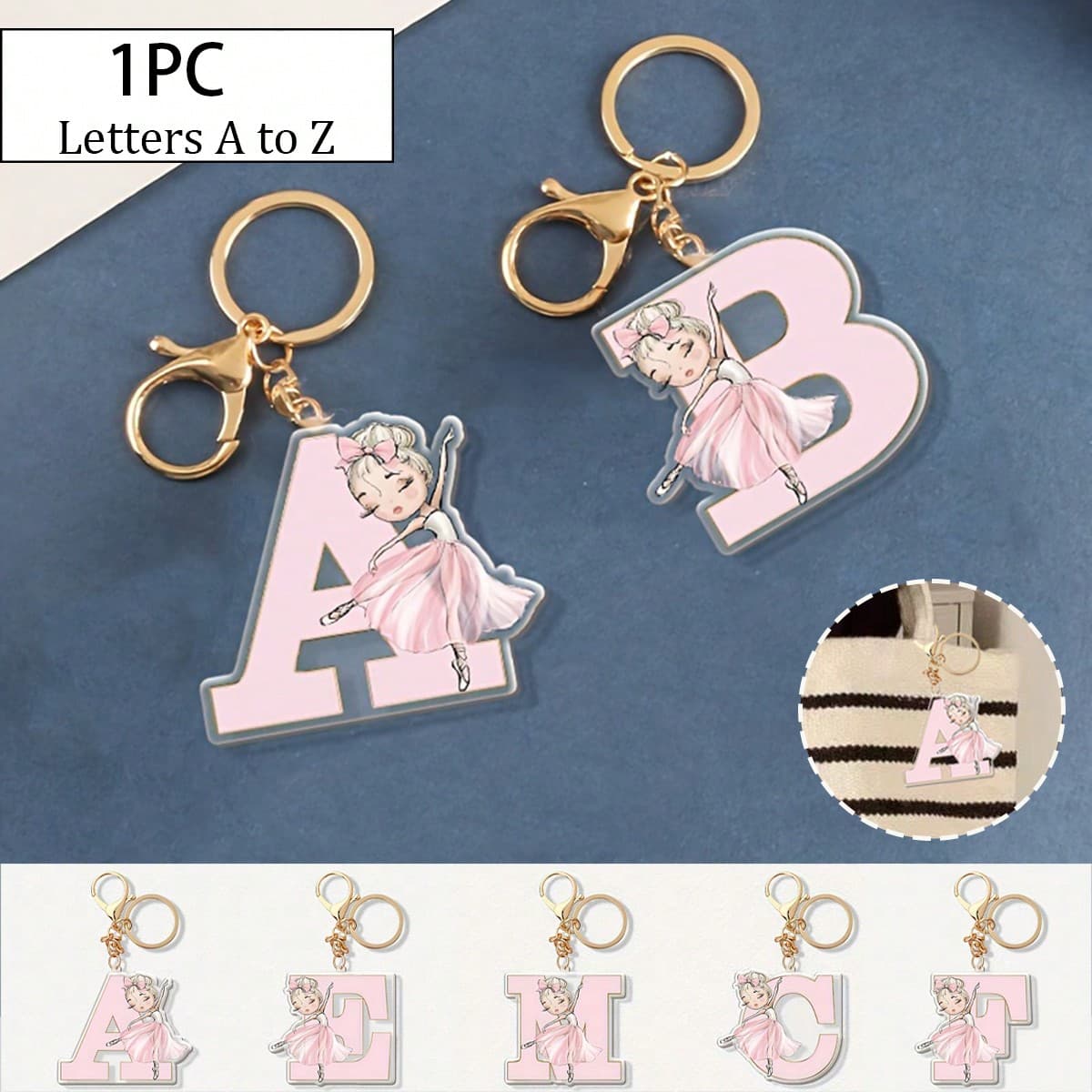 1 Pièce Porte-clés En Acrylique Réversible Ballerina Girl Letter Pour Filles, Porte-clés De Lettre Initiale Pour Femmes Rose Mignon Porte-clés