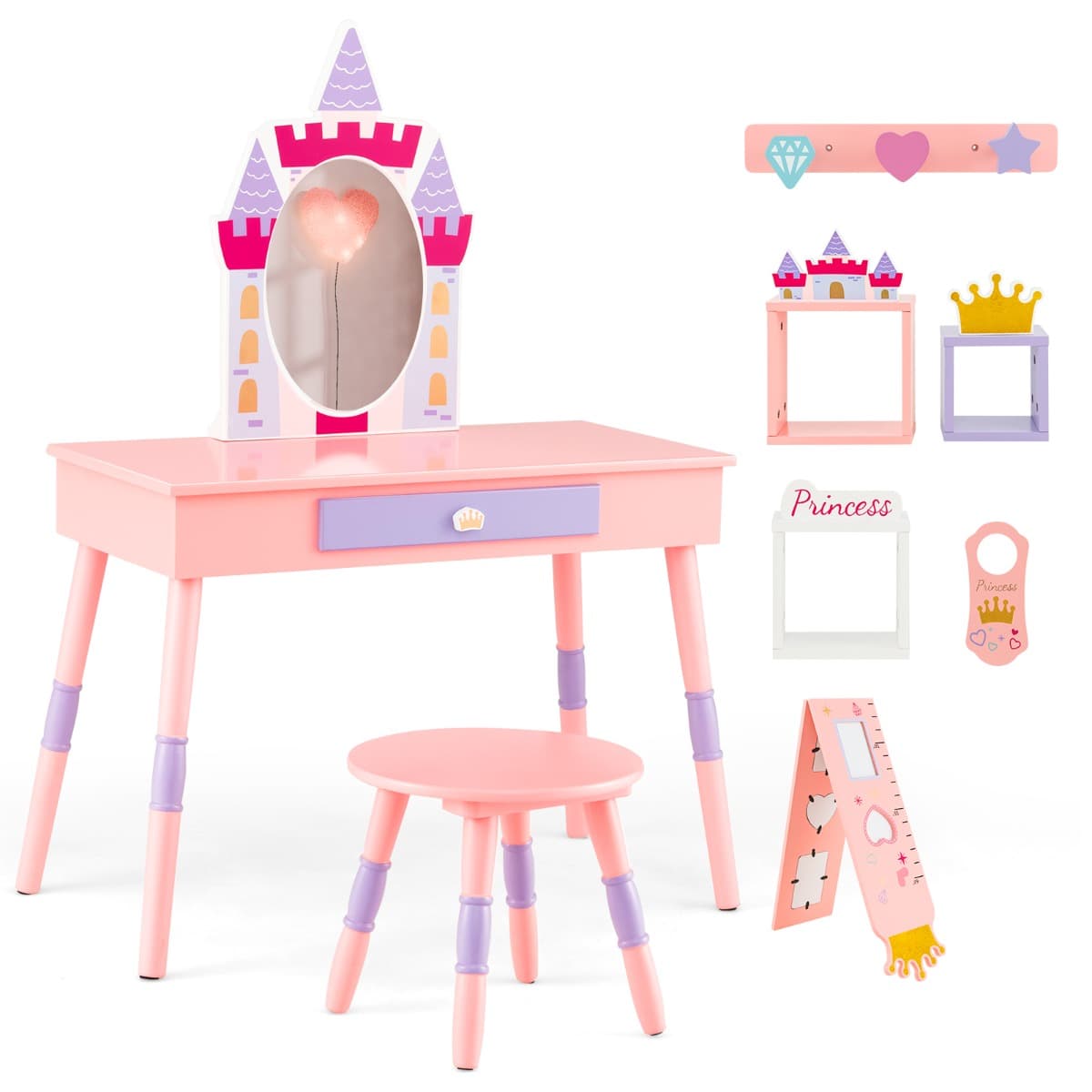 Costway2 en 1 Coiffeuse Enfants sur Thème du Château avec Tabouret Table de Maquillage Princesse avec Miroir Détachable Accessoires Riches pour