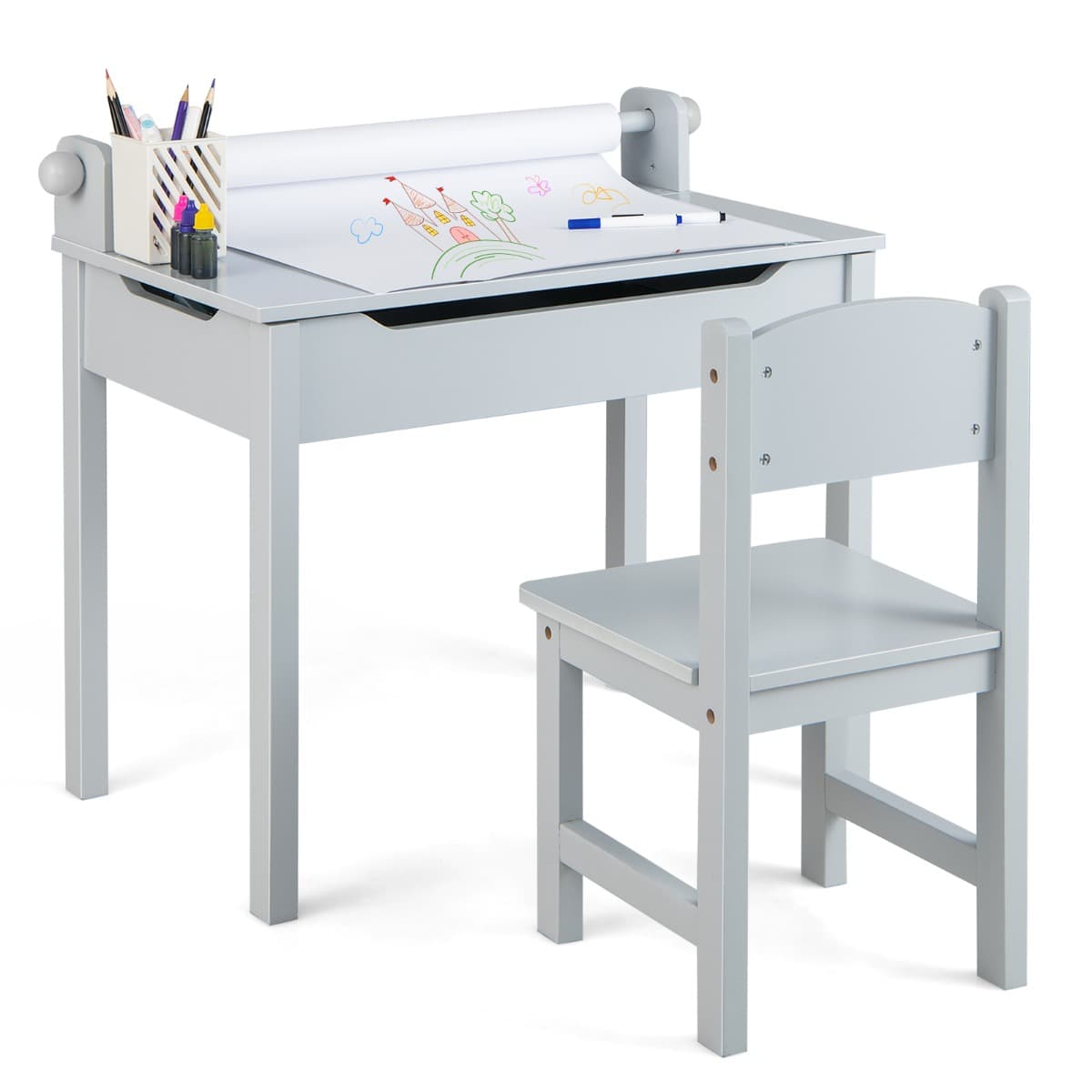 CostwayTable Multi-activités avec Chaise Table D'art et D'artisanat pour Enfants Support de Rouleau de Papier Rangement Rouleau de Papier 2 Marqueurs